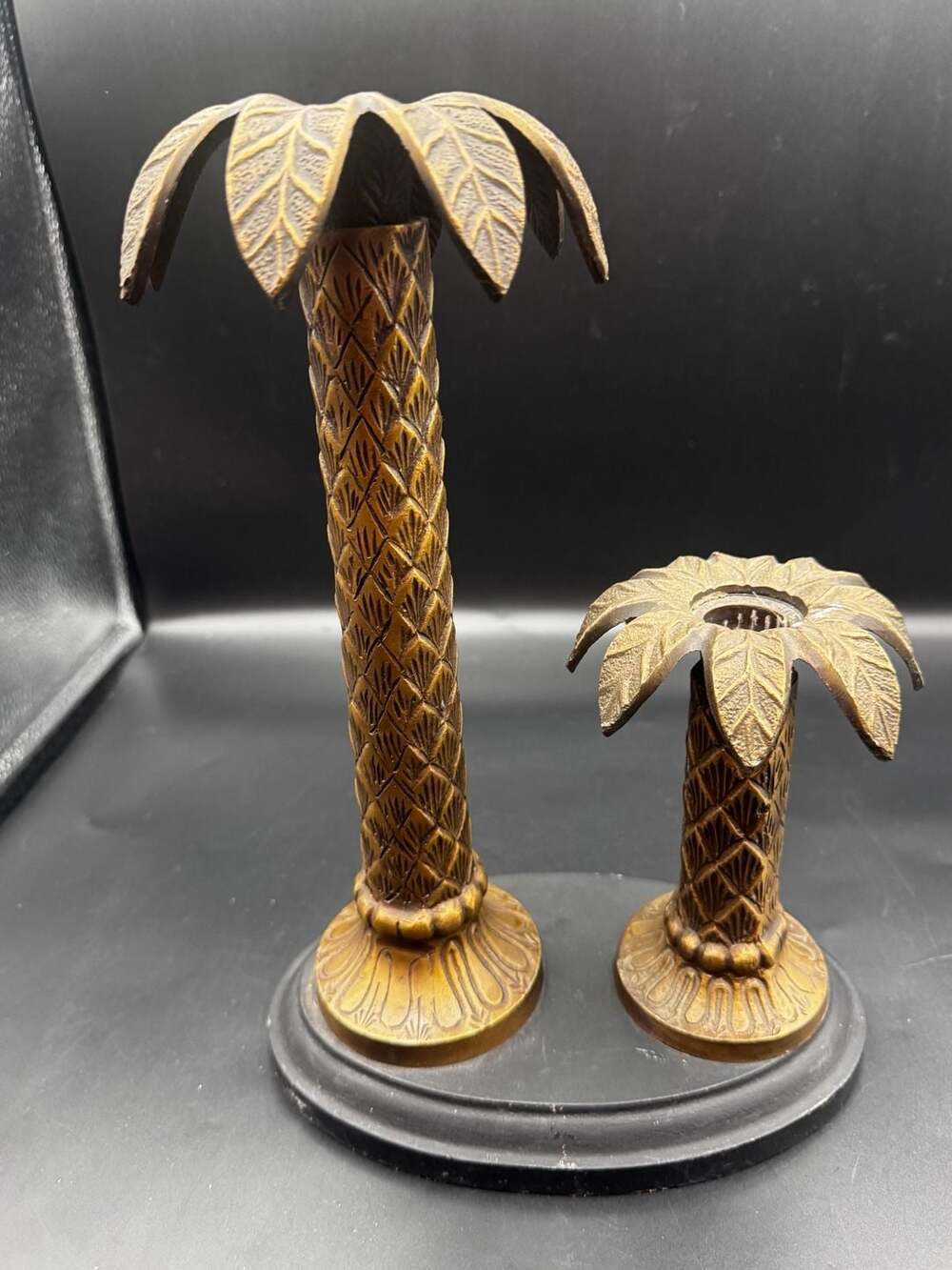 Vintage Solid Brass Palm Tree Candlestick Holders, Set of 2